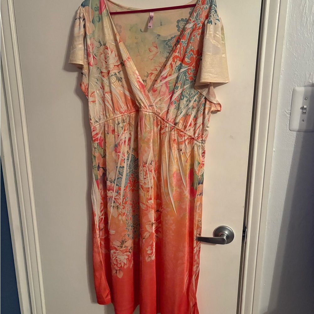 Kiara Floral Ombre V-Neck Midi Dress - Coral & Cream